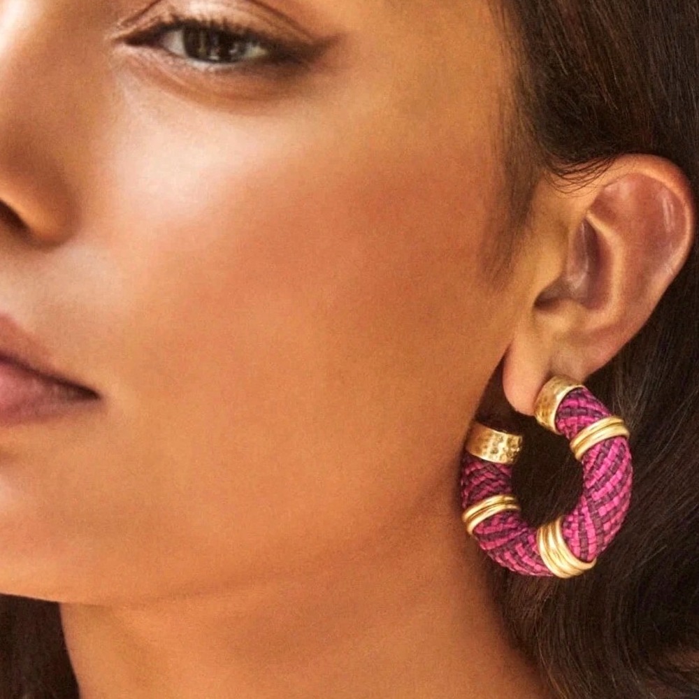 Kendra Scott Woven Cord Hoop Earrings Womens Fuchsia Gold Boho Statement Chunky